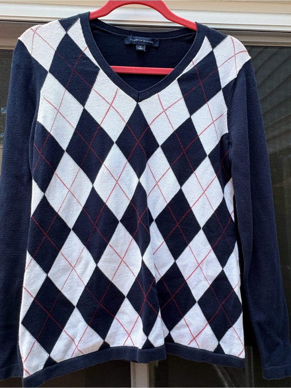 Tommy Hilfiger Navy, White & Red Argyle V-Neck Sweater